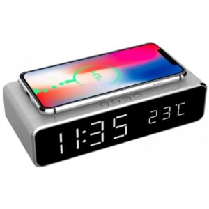 Digitalni sat + alarm sa bežičnim punjenjem telefona, sivi